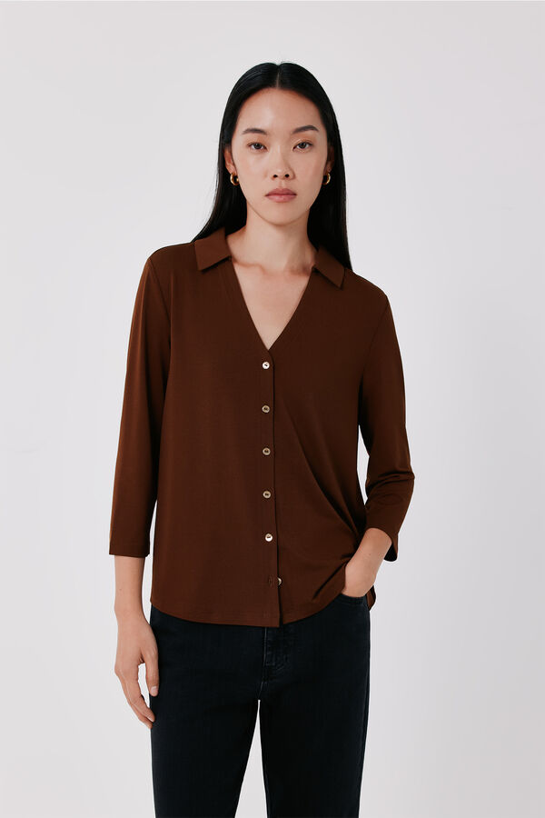 Cortefiel Stretch shirt with buttons Camel
