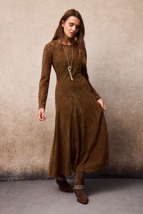 Slowlove Lace flared dress Camel