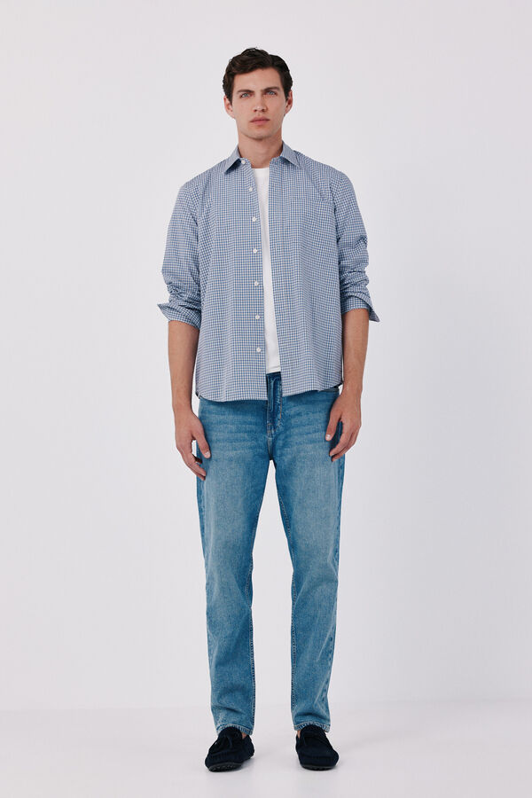 Cortefiel Cotton poplin plaid shirt Navy