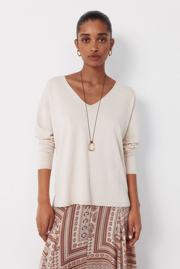 Cortefiel Camisola de malha decote bico Ecru