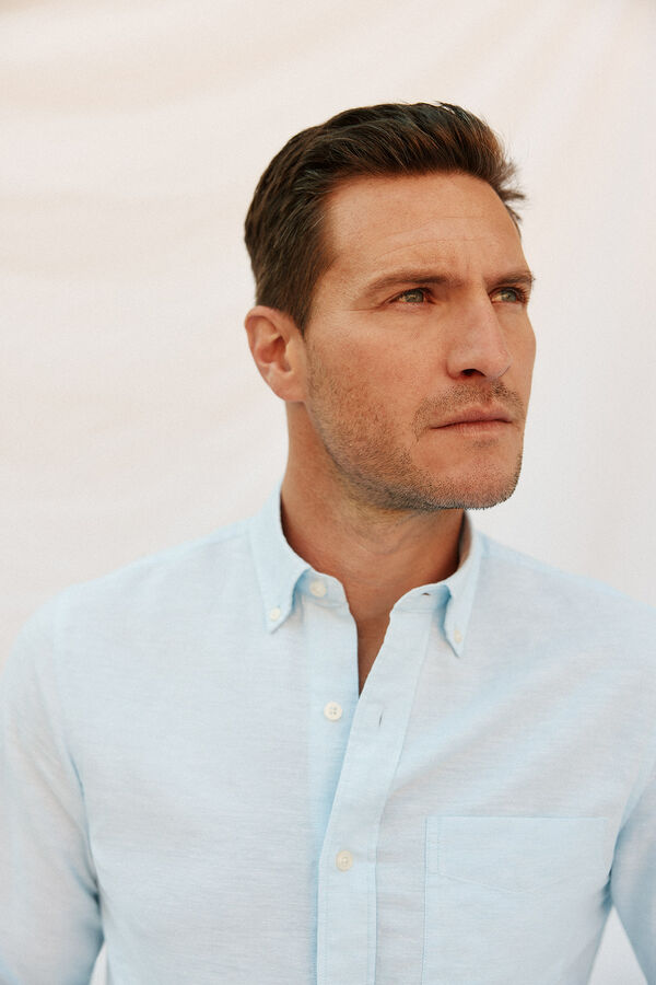 Cortefiel Plain linen/cotton shirt Blue