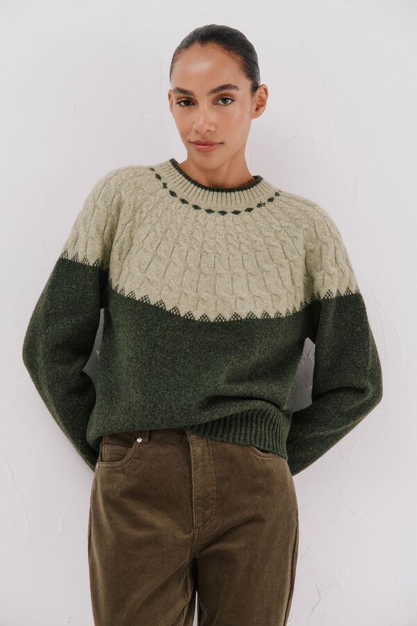 Cortefiel Contrast cross-knit jumper Green