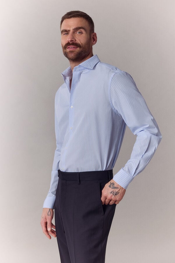 OOTO Camisa &agrave;s riscas manga comprida em popelina Azul