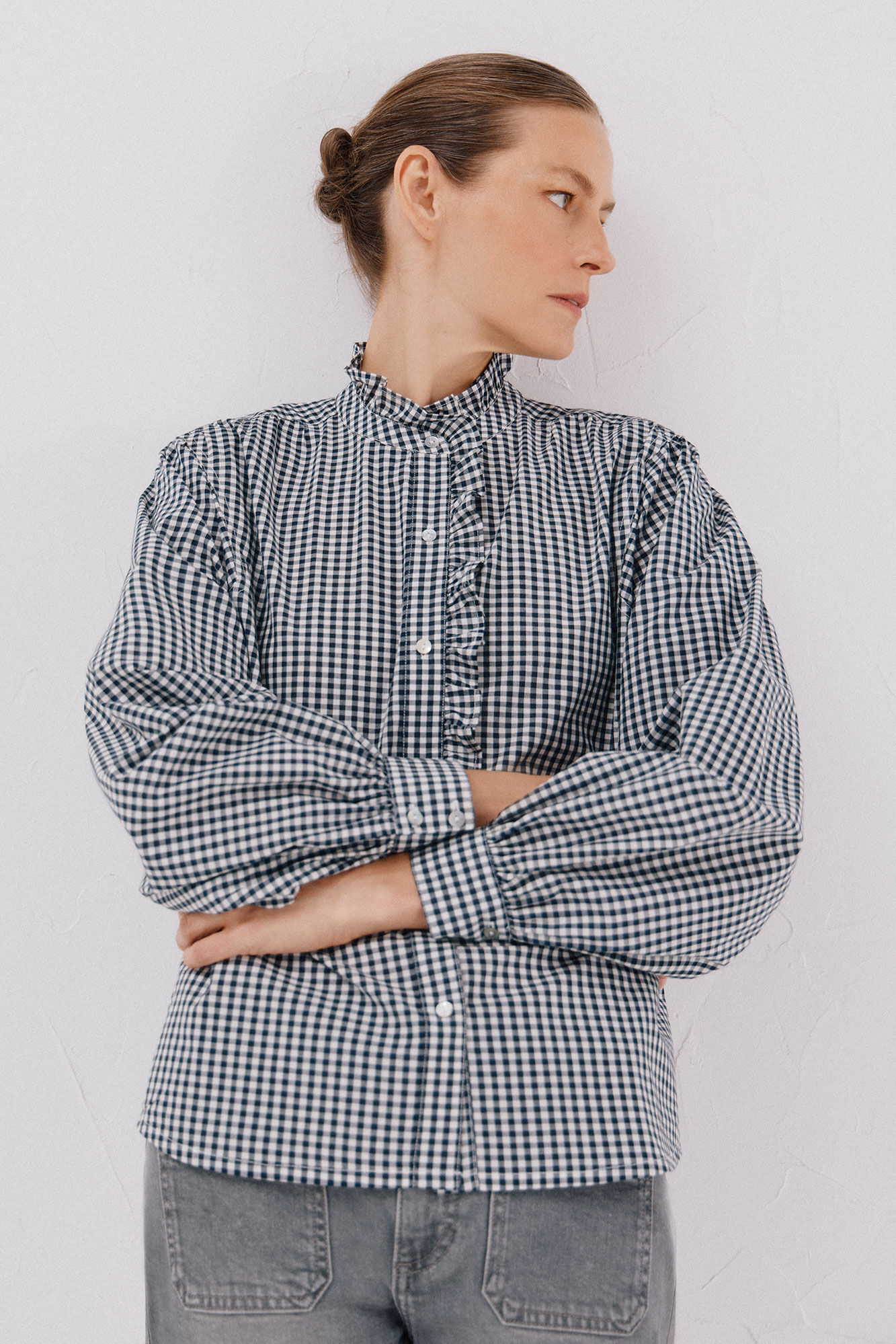 Cortefiel striped blouse with ruffled neck