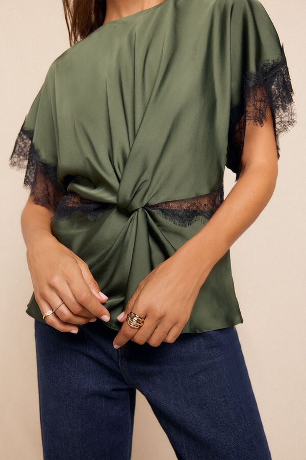 Slowlove Blusa de renda de cetim Verde