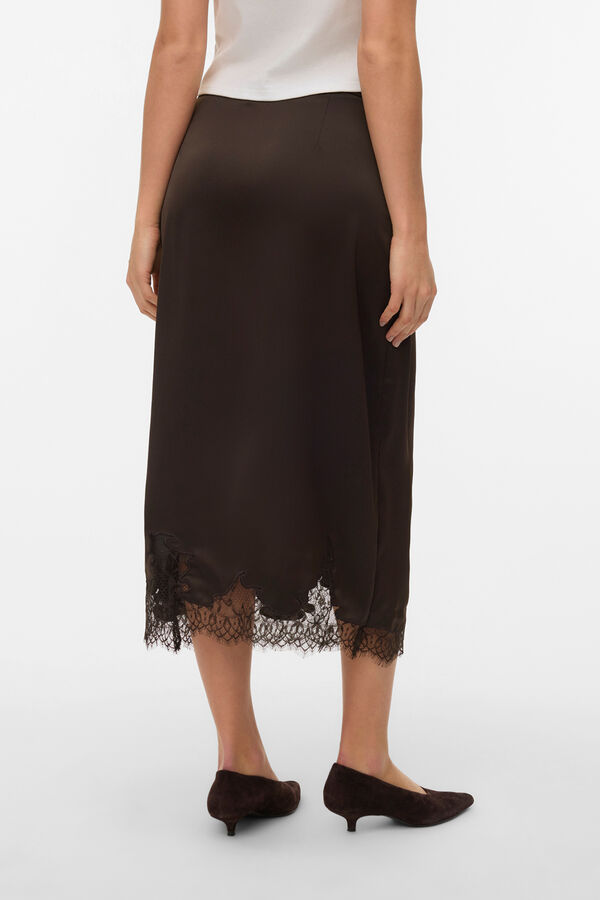 Vero Moda Satin-finish midi skirt with lace Dark brown