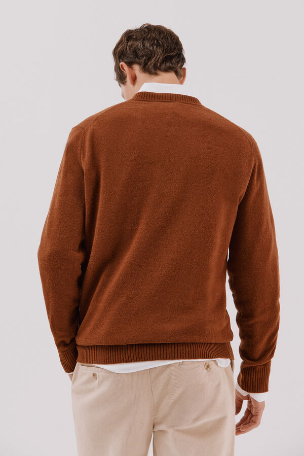 Cortefiel Lambswool round V wool sweater Brown