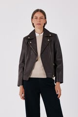 Cortefiel Leather zip fastening jacket Dark brown