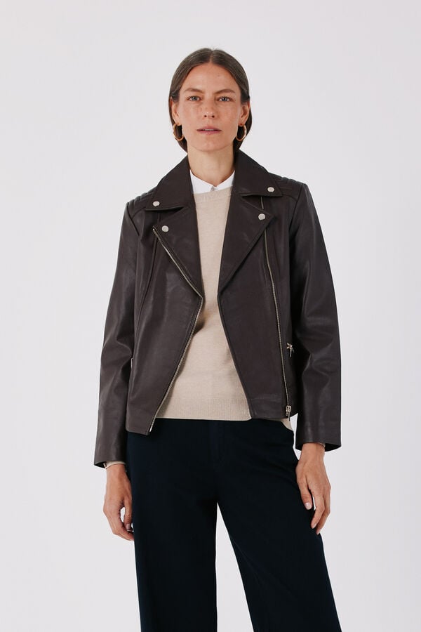 Cortefiel Leather zip fastening jacket Dark brown