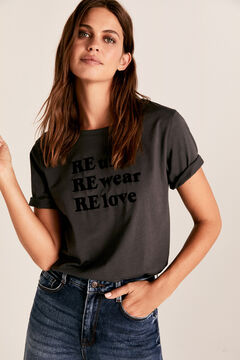 Cortefiel Flocked slogan boat neck t-shirt Dark gray