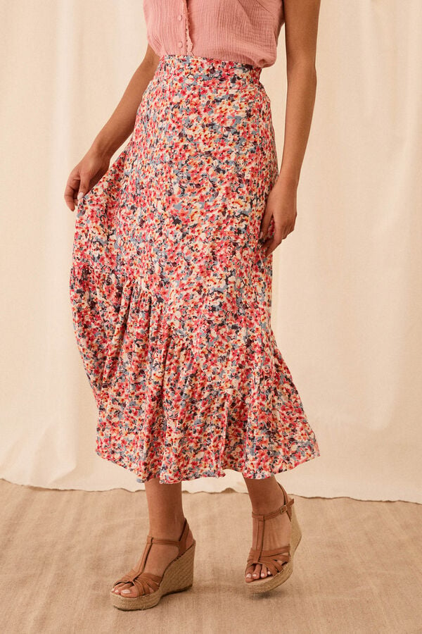 Cortefiel Taylor Floral print midi Skirt Coral