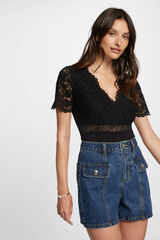 Morgan short sleeve bodysuit with lace Black