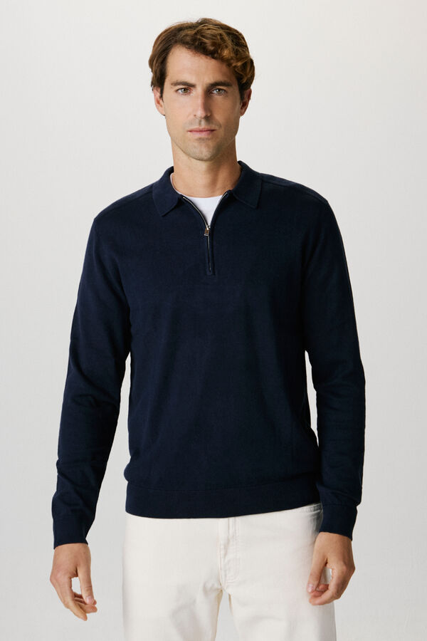 Selected Camisola polo 100% algodão com meia fecho-éclair . Azul