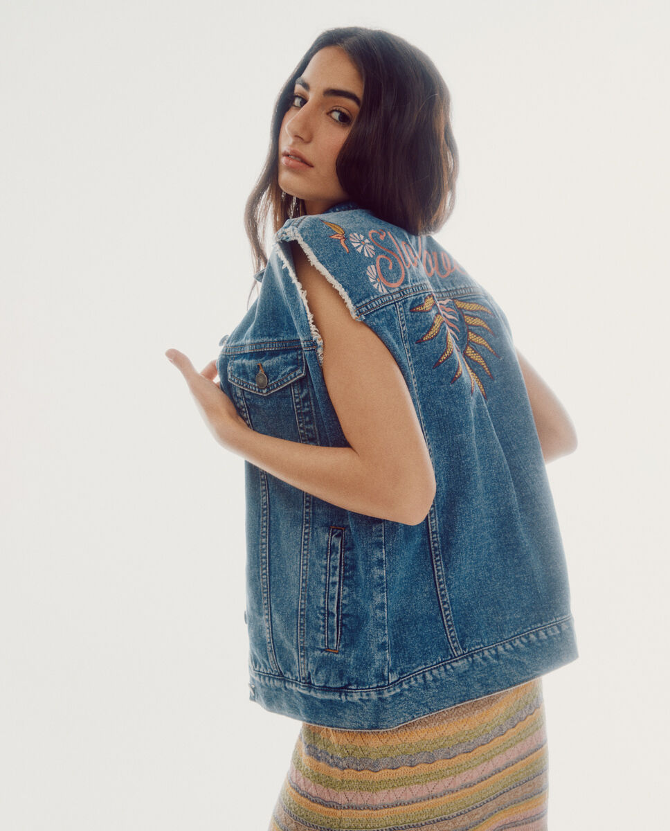 Embroidered denim vest discount