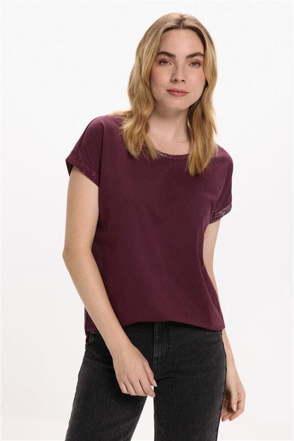 Vila T-shirt de algodão orgânico com manga manga e glitter Roxo