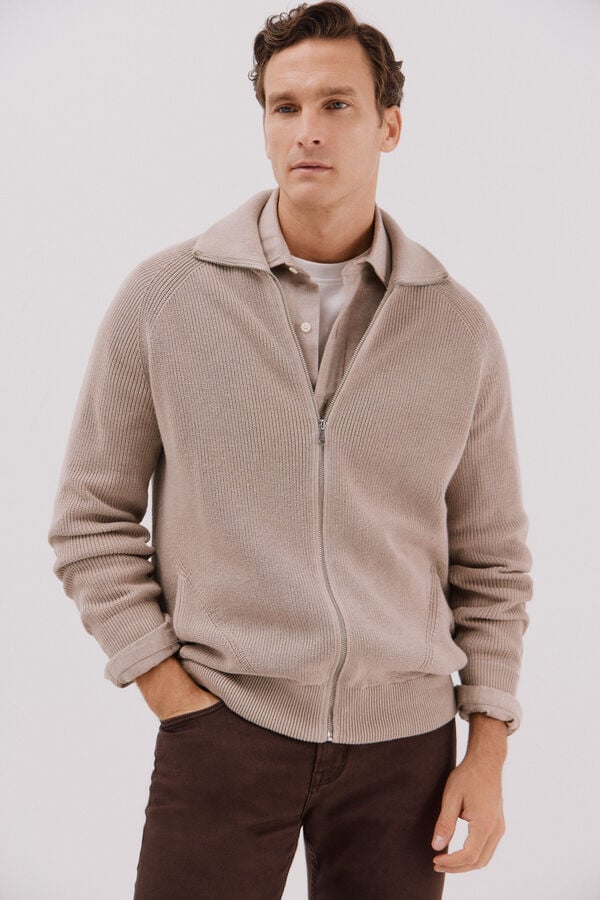 Cortefiel Cotton knit jersey-knit with zip fastening fastening Beige