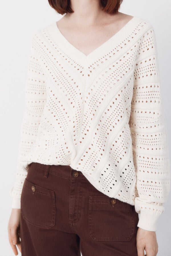 Cortefiel Jersey calado rayas Marfil