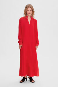 Cortefiel Long pleated dress made with recycled materials. Red