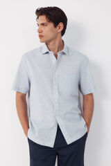 Cortefiel Checked cotton linen short sleeve shirt Blue
