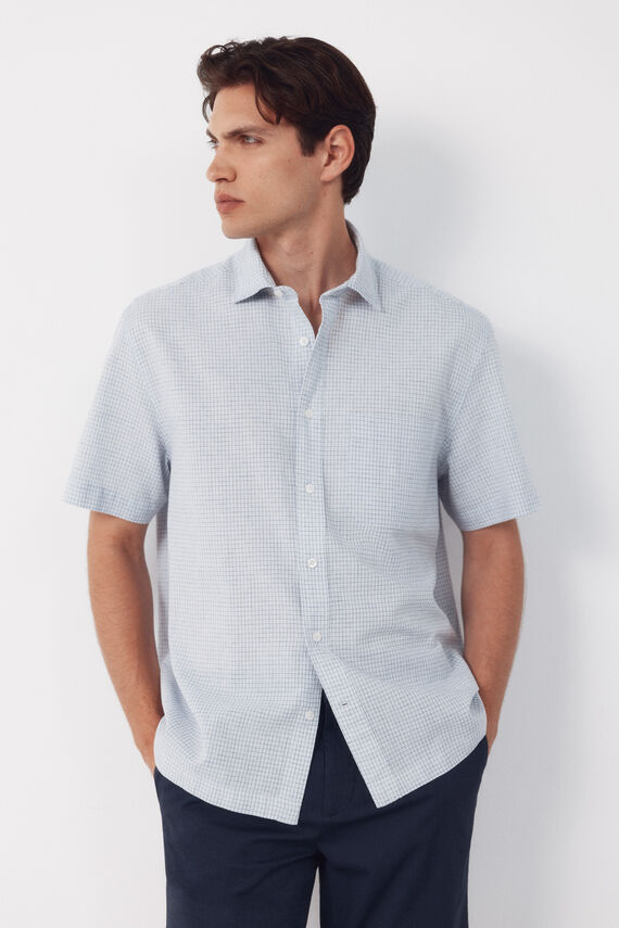 Camisa algodón lino cuadros manga corta