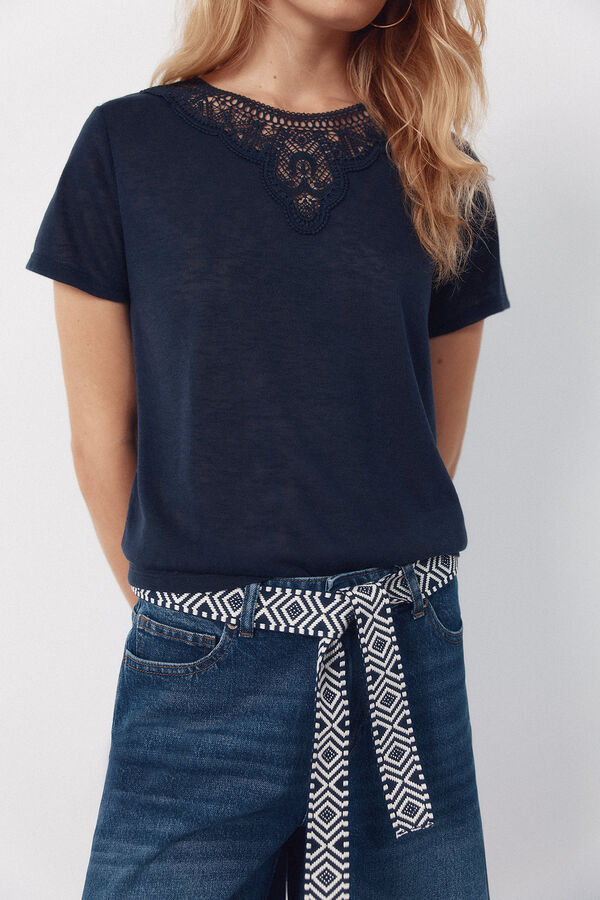 Cortefiel Guipure neckline t-shirt Navy