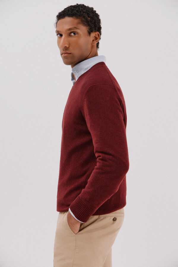 Cortefiel Lambswool round V wool sweater Maroon