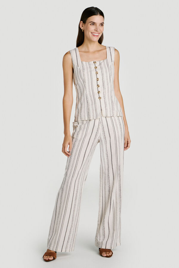 Vila Chaleco de vestir con estampado &eacute;tnico de algod&oacute;n y lino Beige