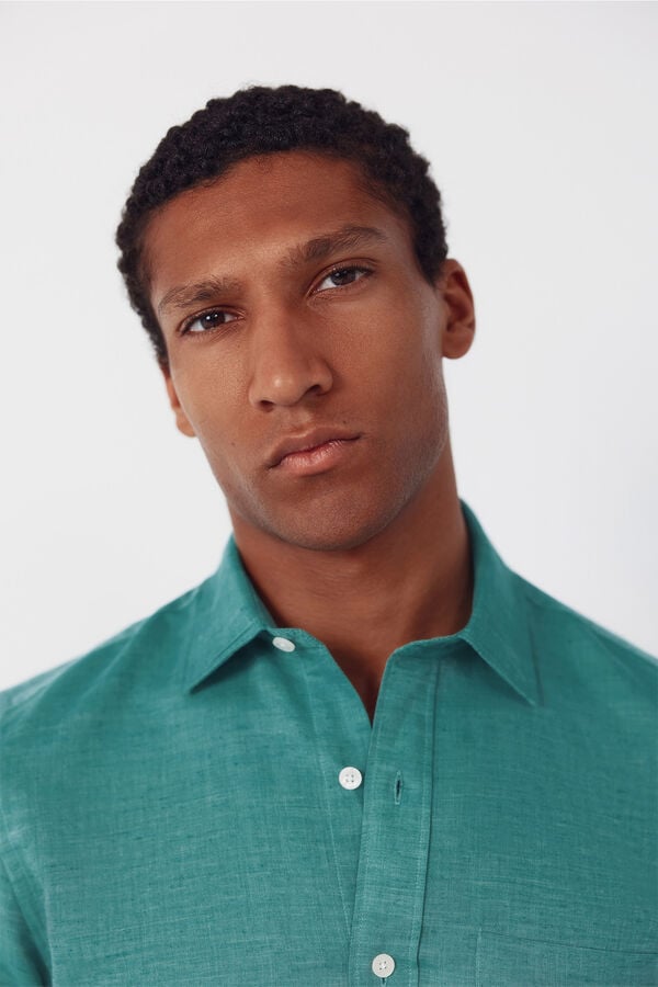 Cortefiel Plain linen cotton shirt Green