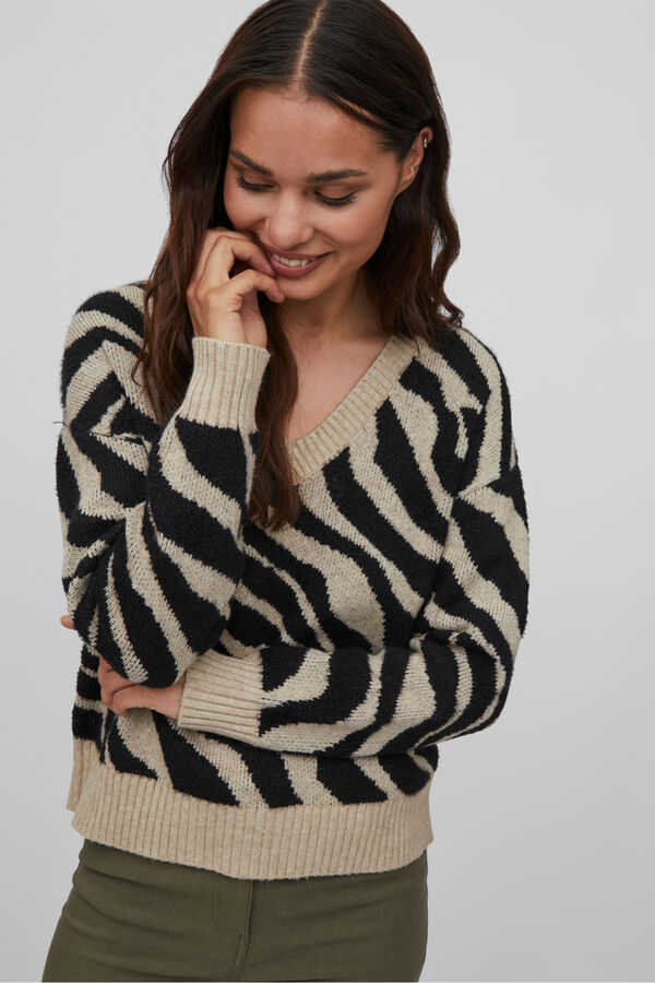 Vila Women's animal print jumper with V-neck Brown