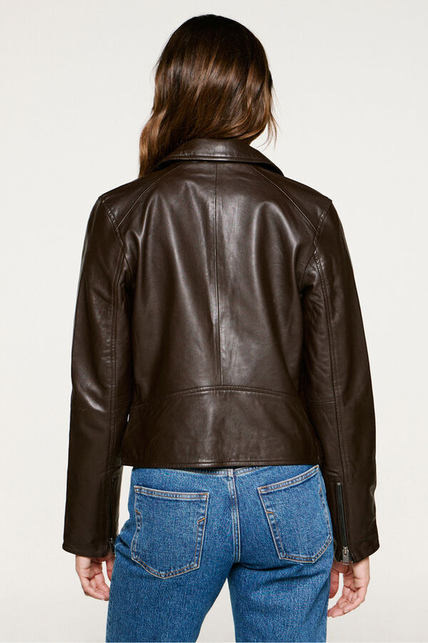 Selected Blusão biker curta 100% couro Castanho