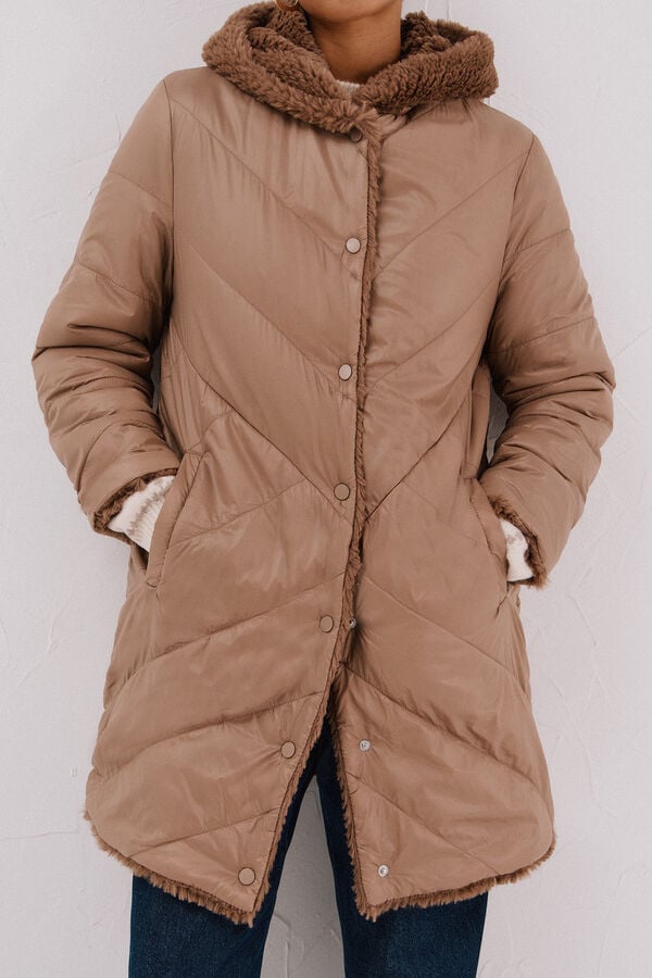 Cortefiel Long reversible faux fur coat Beige