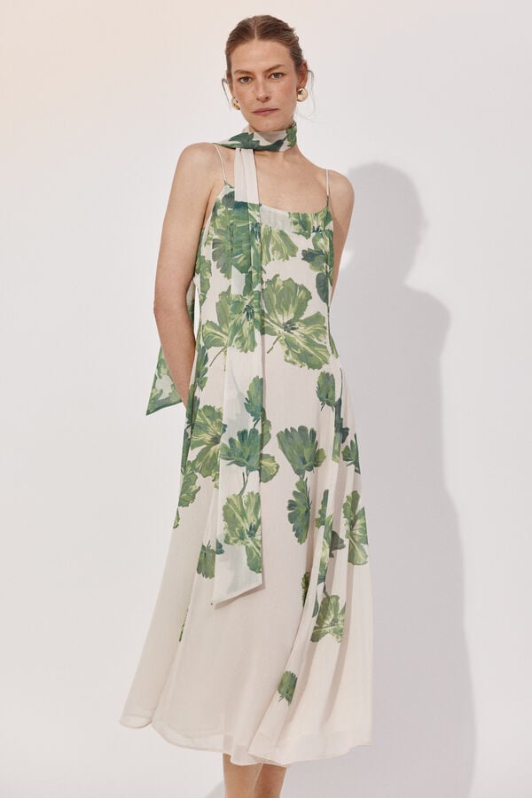 Cortefiel long dress with positional print Printed white