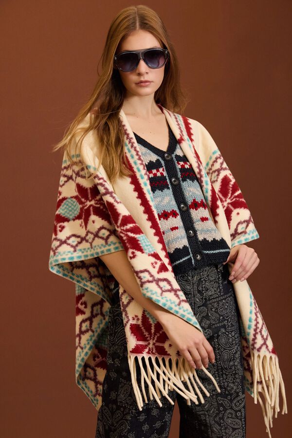 Meisie Ethnic poncho with fringes Printed white
