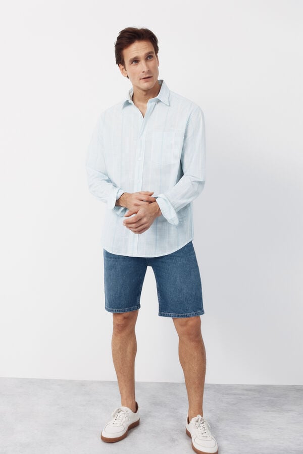 Cortefiel Striped cotton slub shirt Blue