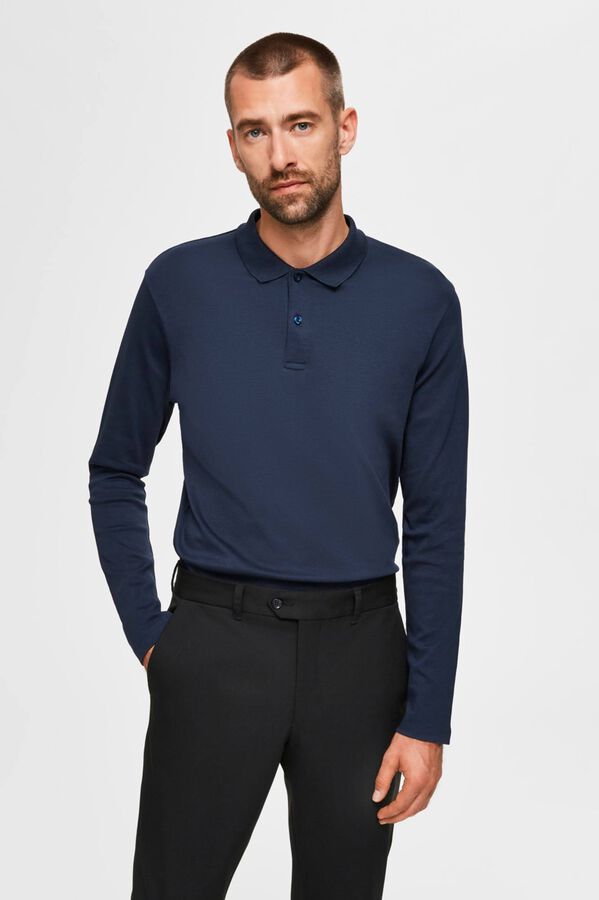Cortefiel Long-sleeved organic cotton polo shirt Blue