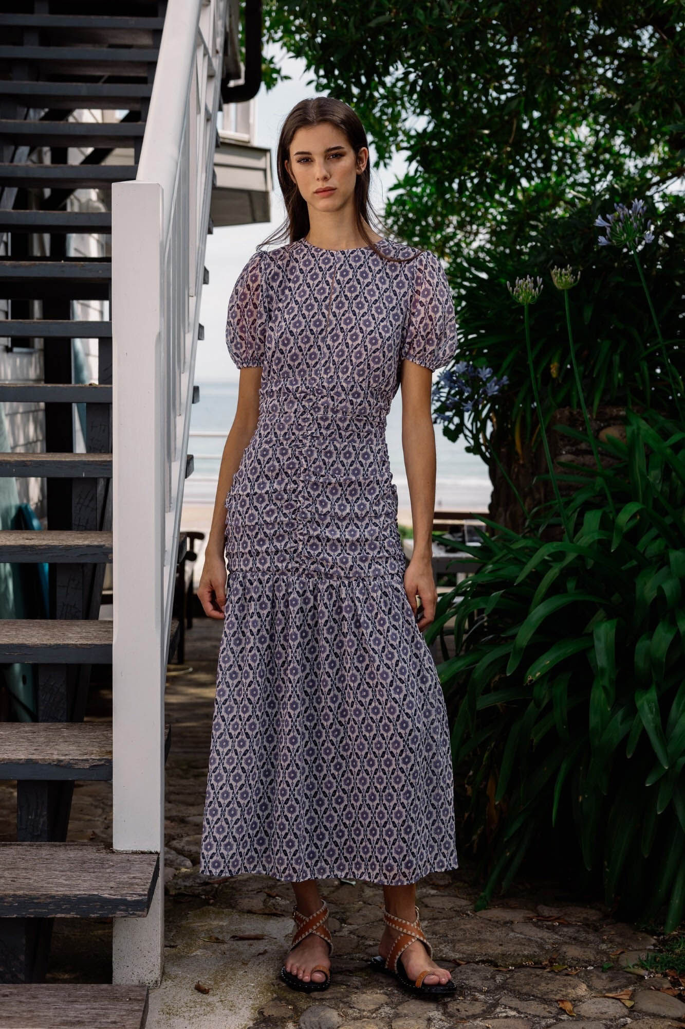 Silbon Vestido longo estampado franzido