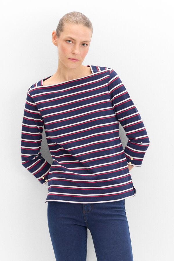 Cortefiel Essential boat neck T-shirt Printed blue