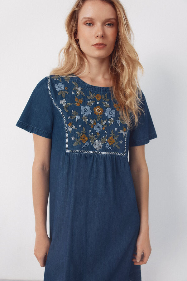 Cortefiel Embroidered dress Blue