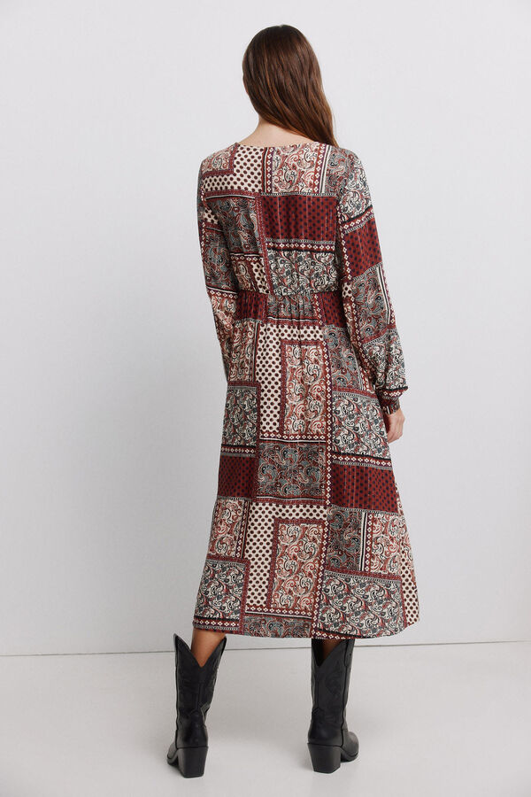 Vila Vestido midi estampado patchwork Castanho