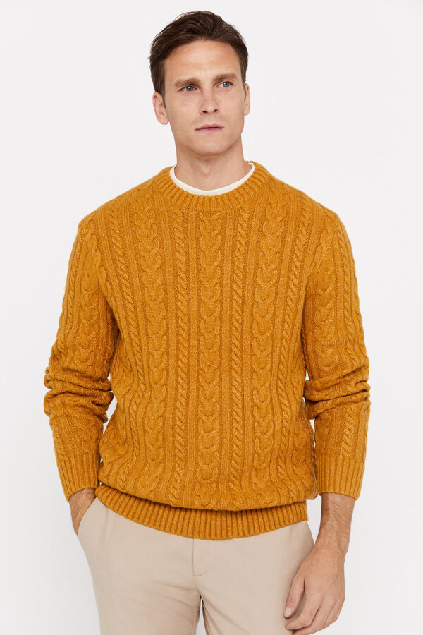Cortefiel Cable knit jumper with round neck Gold