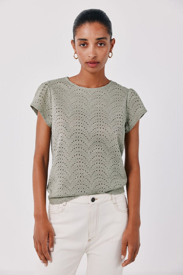 Cortefiel Embroidered crochet t-shirt Kaki