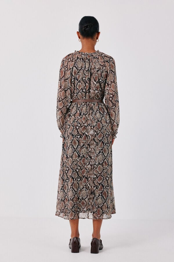 Cortefiel Printed fluid dress with belt Printed brown