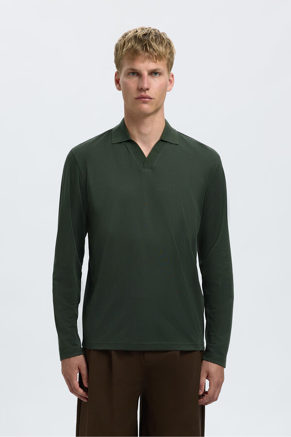 Selected Polo manga larga de algodón orgánico Verde oscuro