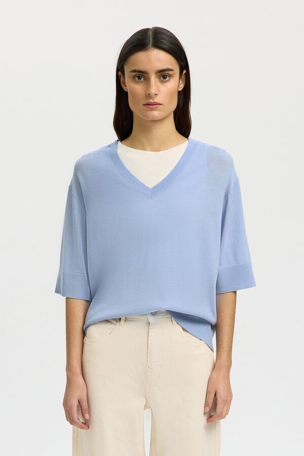 Selected Camisola manga curta em 100% l&atilde; merino Azul