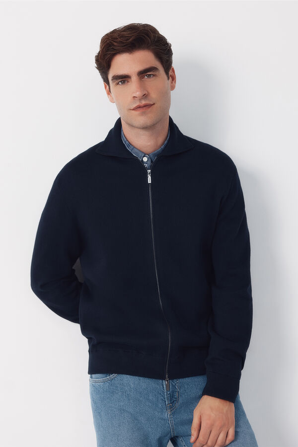 Cortefiel Cotton cardigan with zip fastening and polo shirt neck Navy