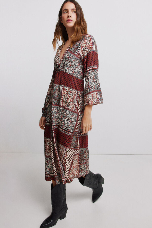 Vila Vestido midi estampado patchwork Castanho