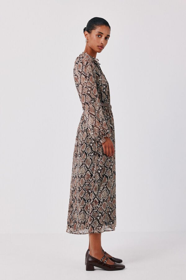 Cortefiel Printed fluid dress with belt Printed brown