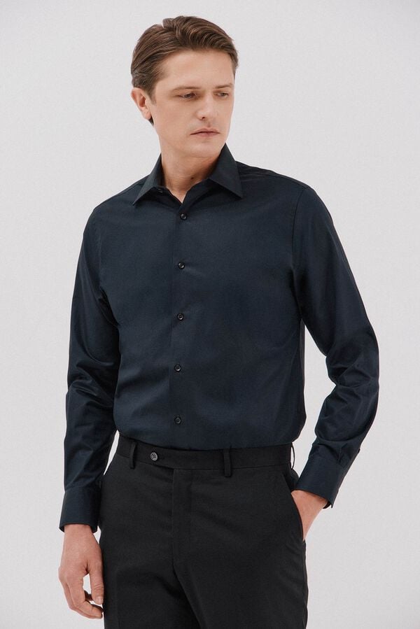 Cortefiel Plain tencel cotton dress shirt Black