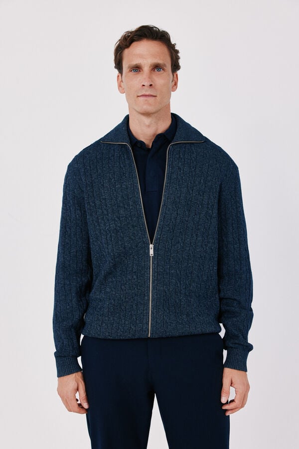 Cortefiel Cotton braided knit zip fastening cardigan Blue