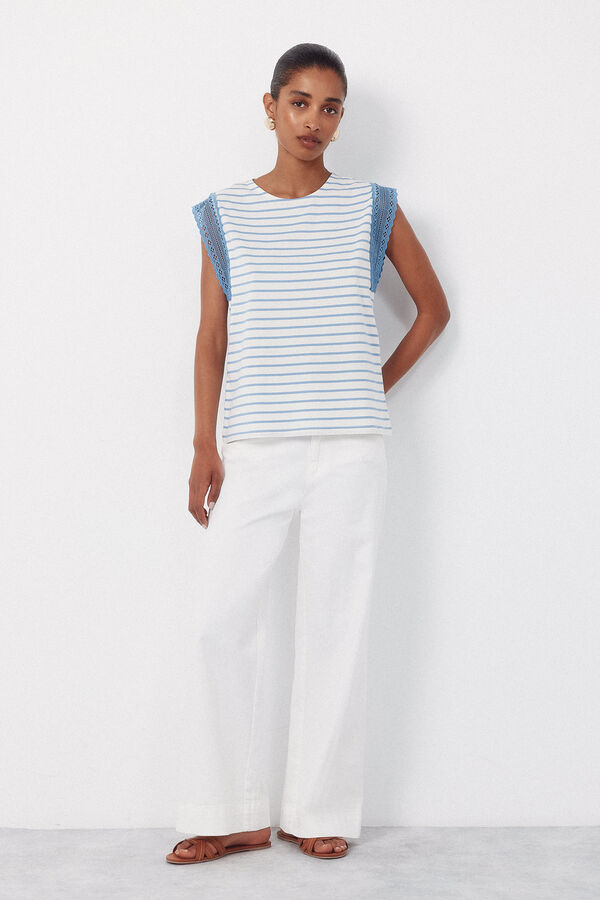 Cortefiel Guipure sleeve -shirt Blue